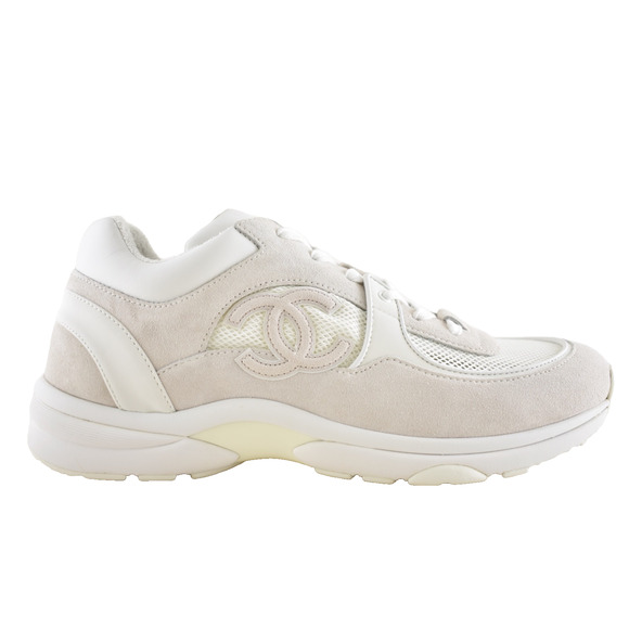 Chanel 20P Mens Triple White Mesh CC Logo Low Top Runner Trainer Sneaker 44 11 - Picture 1 of 13